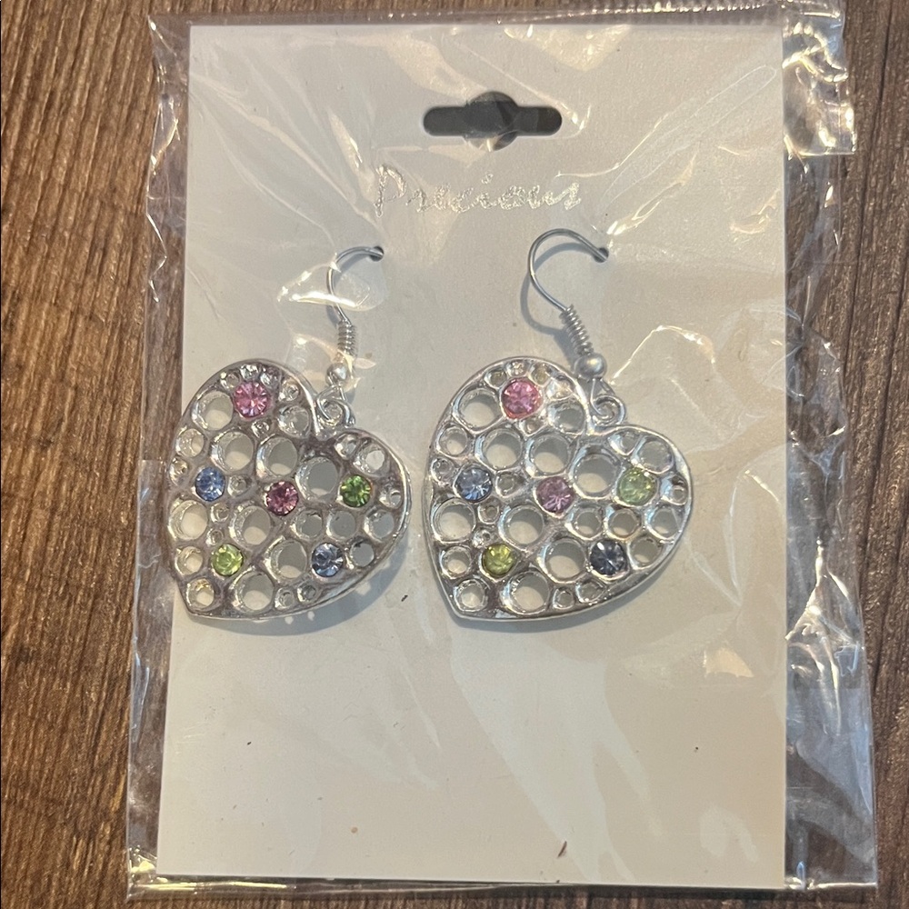 NWT Precious Heart-Shaped Silver Earrings Multicolor Pink Green Purple Blue Gems